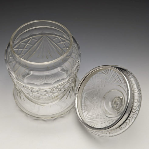 1928 British vintage cut glass biscuit barrel pure silver decoration 831g